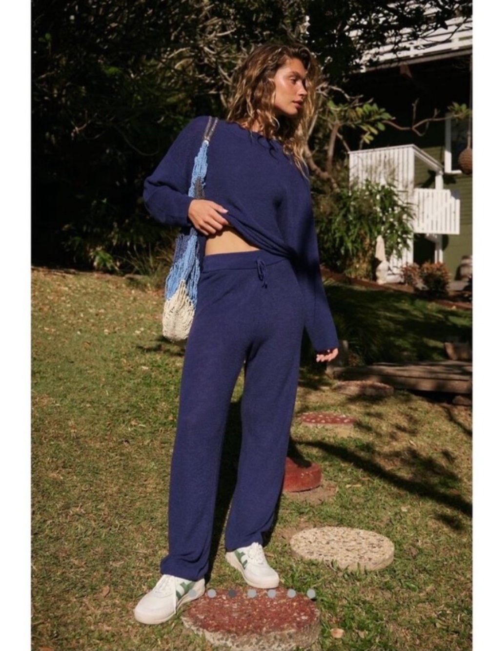 Free People Beach Malibu Wide-Leg Knit Navy Pants Size S Chic Lounge 90s Cozy
